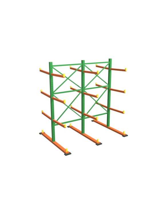3D animation of a double-sided cantilever rack assembling itself: bases anchor, columns rise, brace sets tie the row together, arms with end stops slide onto both sides, and banded lumber and pipe bundles are set down on the arms
