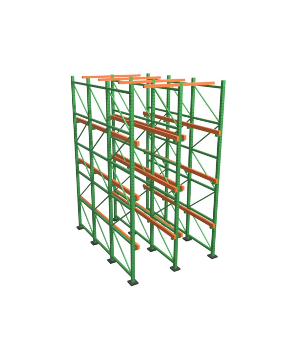 3D animation of a drive-in pallet rack assembling itself: structural upright walls rise, continuous angle rails slide onto their arms at every level, overhead ties and top bracing lock the system together, and pallets drive deep into the lanes rear-first